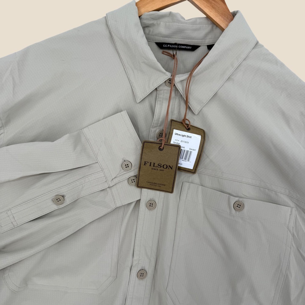 Filson Ultra-Light Shirt Mens Medium Sandbar Tan Ripstop Long Sleeve Polo NEW - Picture 1 of 15